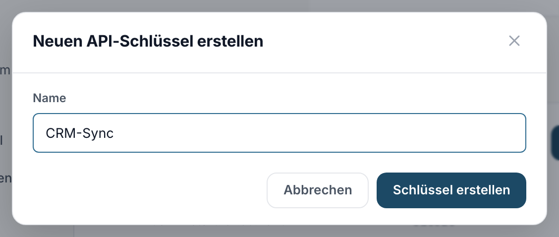 Der Dialog zum Erstellen eines Schlüssels mit dem Namen CRM-Sync