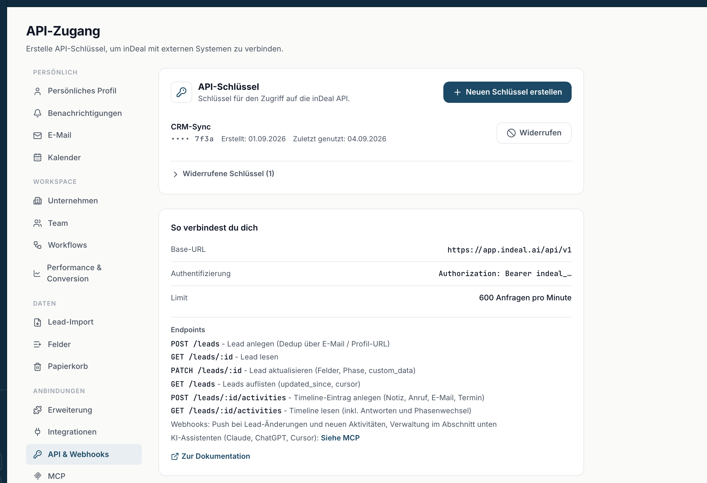 Die Schlüsselliste mit dem maskierten Schlüssel CRM-Sync und den Verbindungsdaten darunter