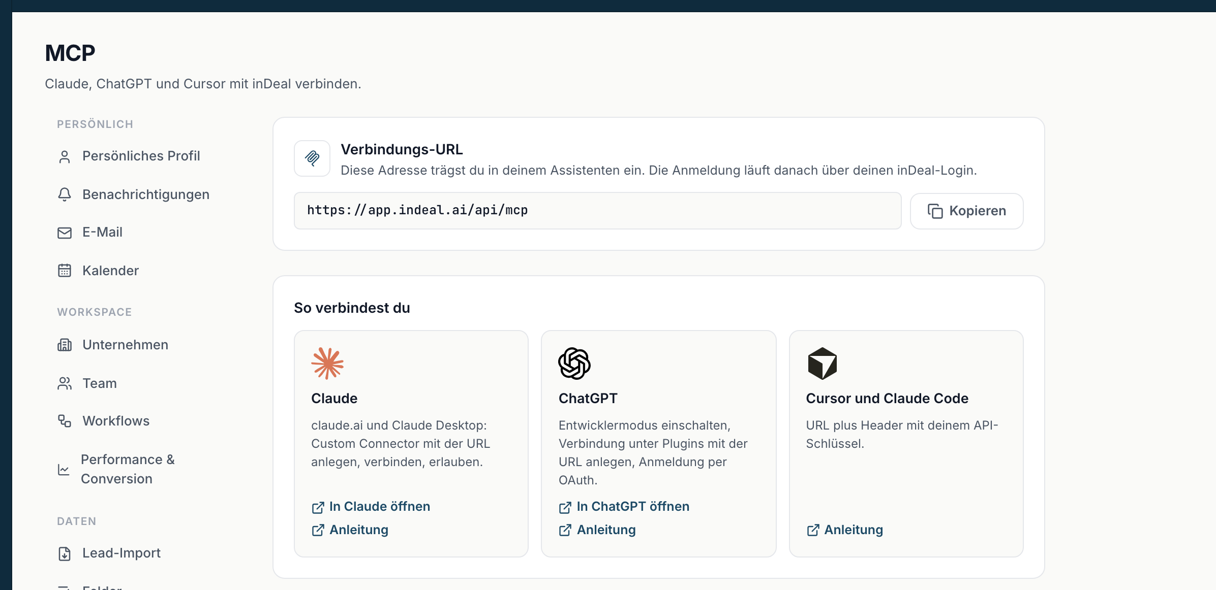Die MCP-Seite in inDeal mit Verbindungs-URL und den Kacheln für Claude, ChatGPT sowie Cursor und Claude Code