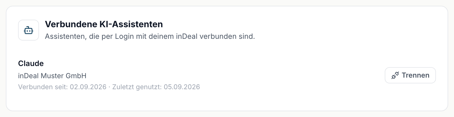 Der Abschnitt Verbundene KI-Assistenten unter MCP mit einer aktiven Verbindung