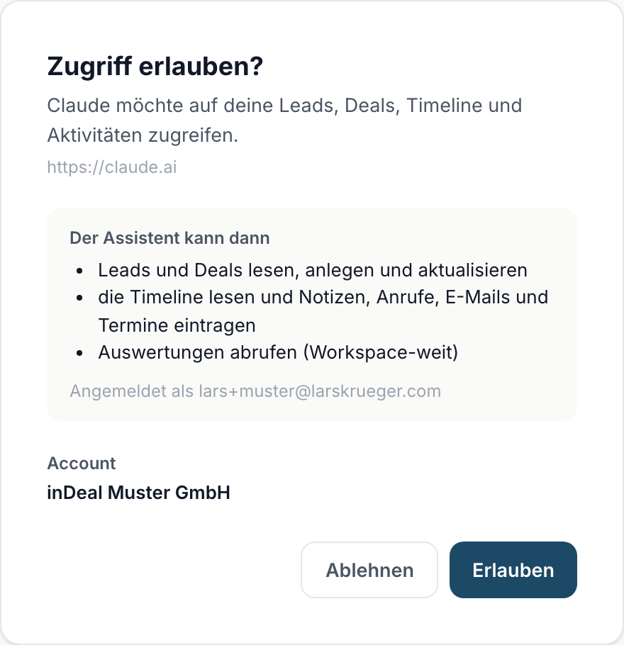 Die Freigabe-Seite in inDeal: der Assistent fragt nach Zugriff auf Leads, Deals, Timeline und Aktivitäten