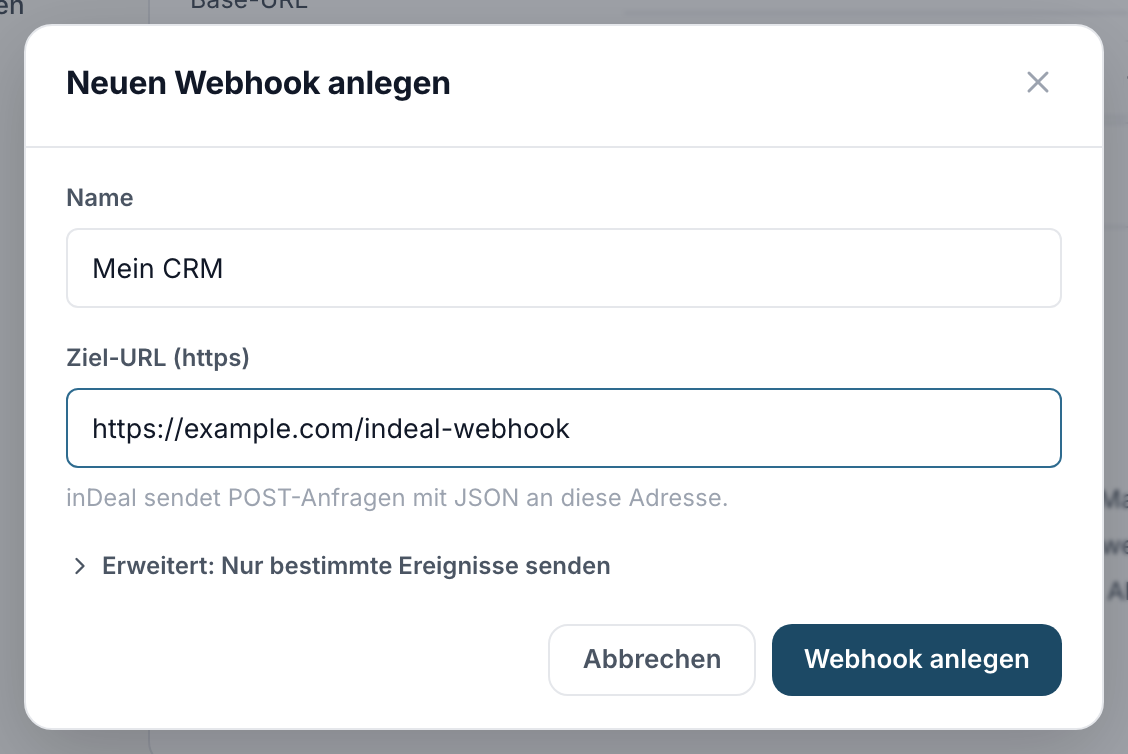 Der Dialog zum Anlegen eines Webhooks mit Name und Ziel-URL