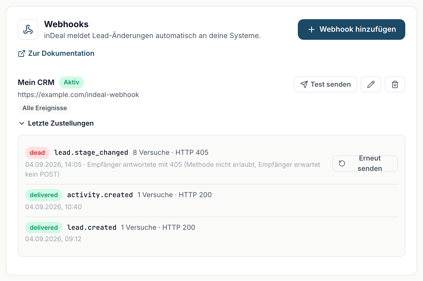 Deine Webhook-Zeile mit aufgeklappten Zustellungen: zwei erfolgreiche und eine endgültig gescheiterte mit Fehlertext