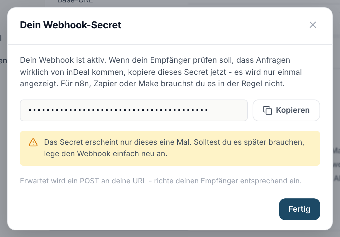 Die einmalige Anzeige deines Webhook-Secrets nach dem Anlegen