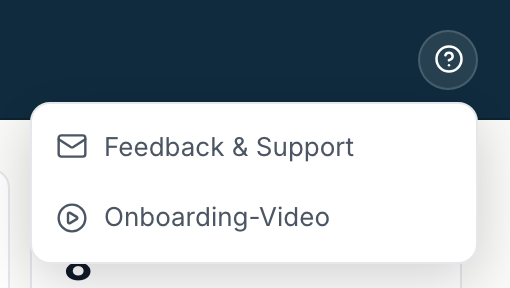 Das geöffnete Hilfemenü mit Feedback & Support und Onboarding-Video
