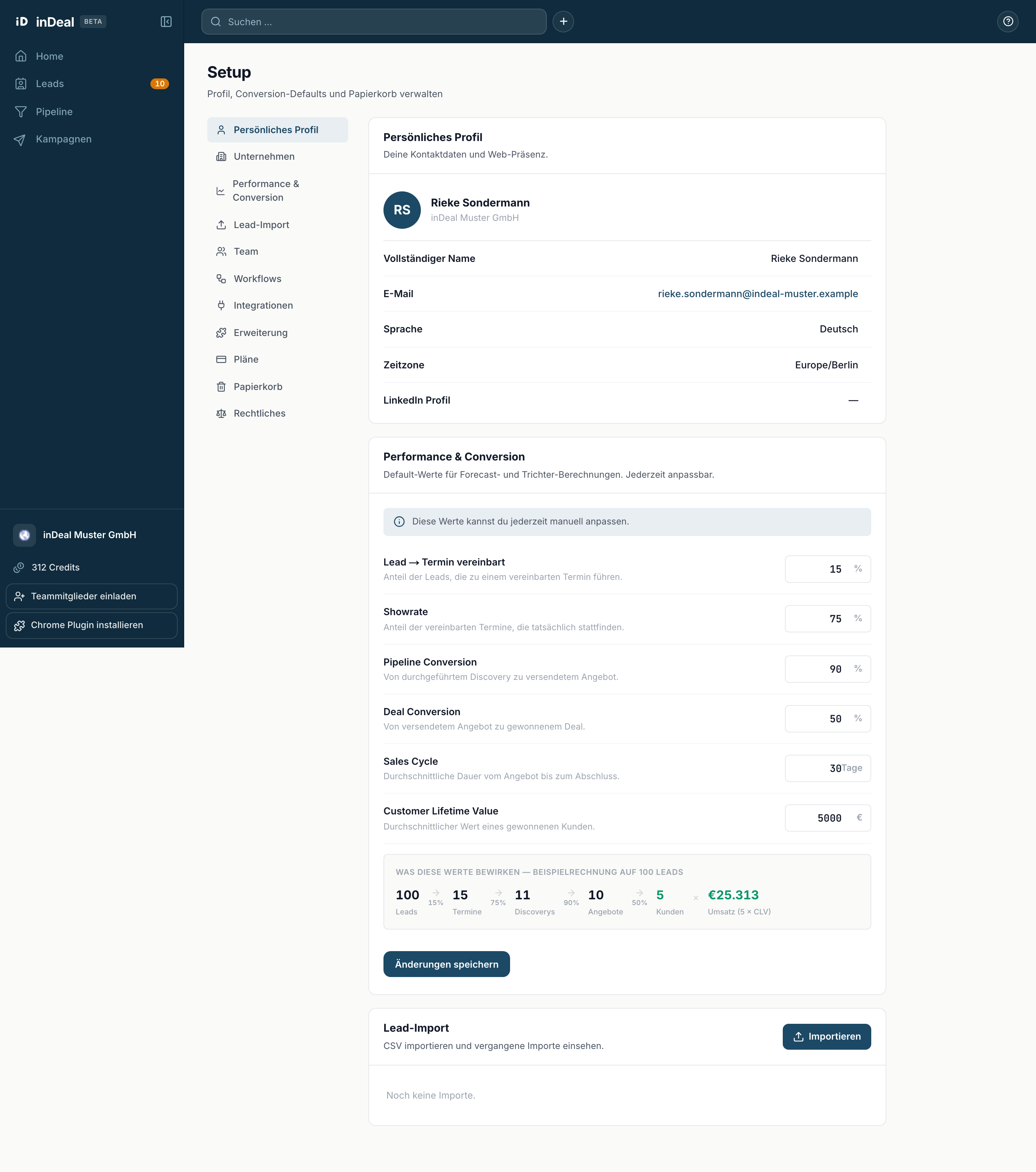 Der Setup-Bereich mit seiner Unternavigation