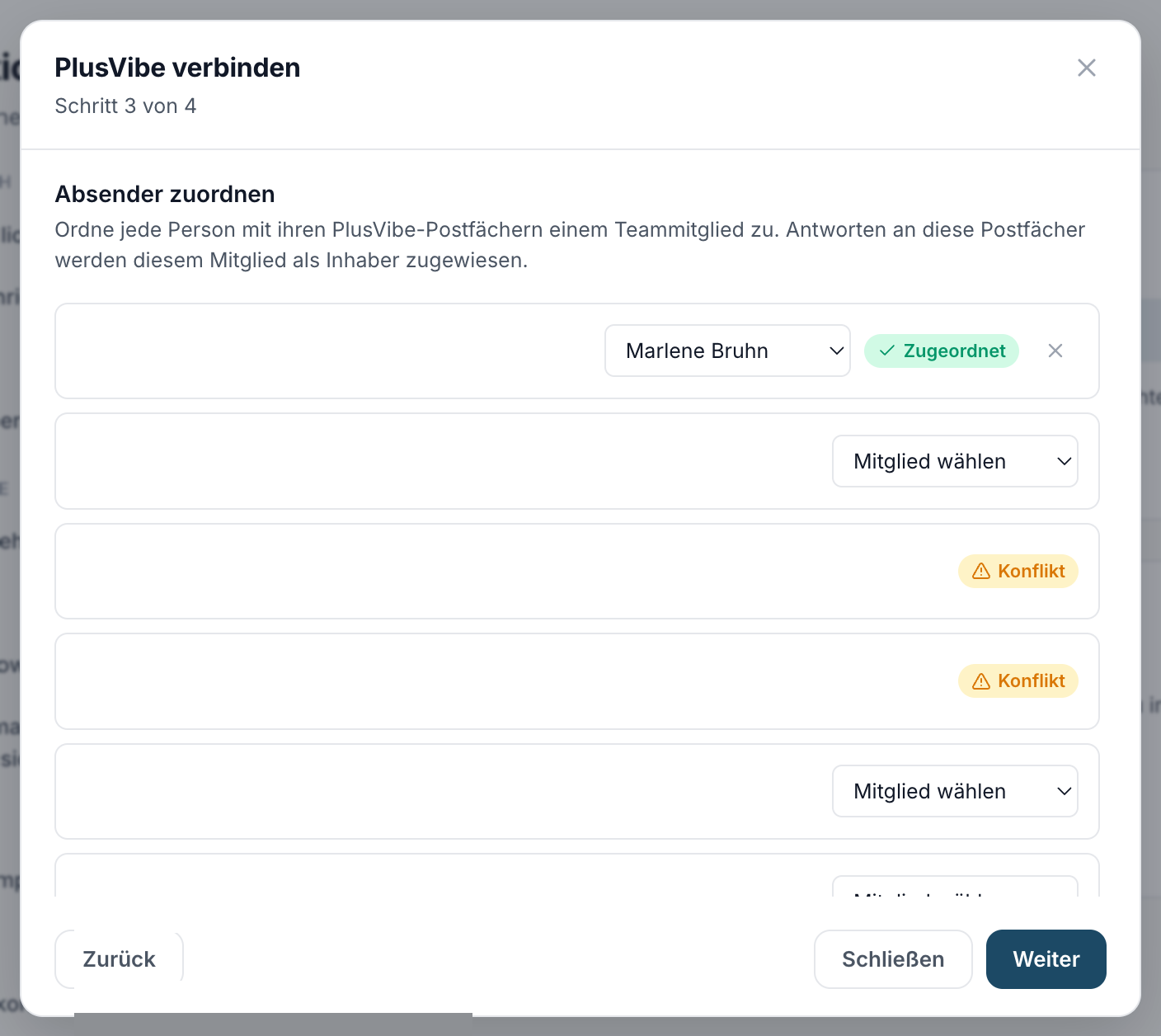 Schritt Postfächer zuordnen mit einer zugeordneten Person