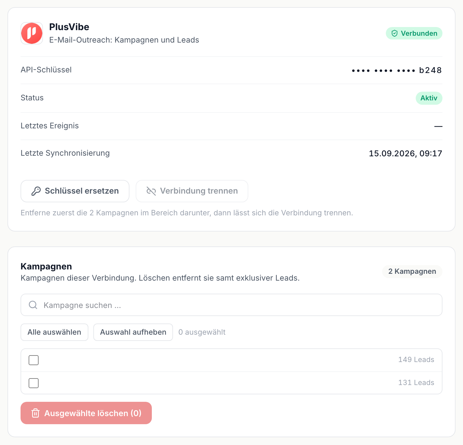 Die Verbindungskarte mit Status Aktiv und die Kampagnen der Verbindung darunter