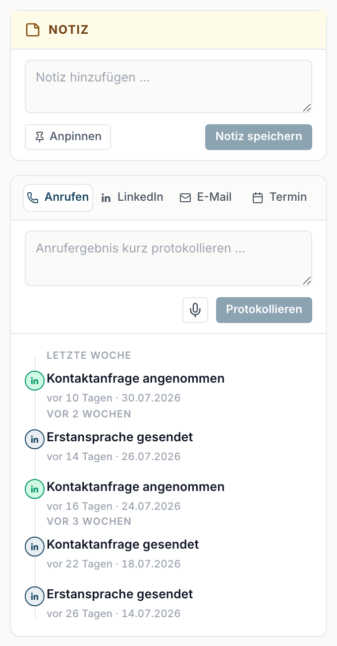 Notizfeld, Protokollierfeld und Aktivitätenliste untereinander