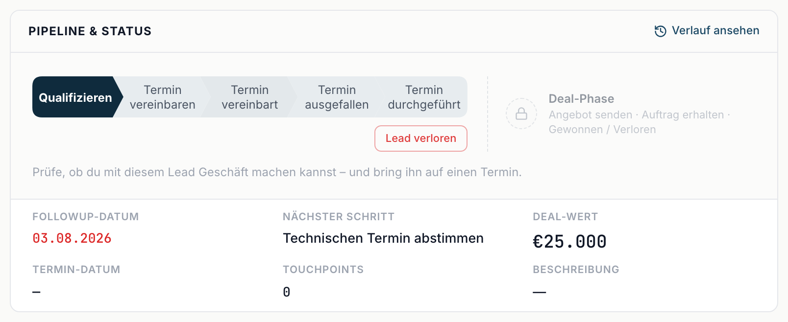 Kopfzeile eines Leads mit den Aktionen und dem Block Pipeline & Status