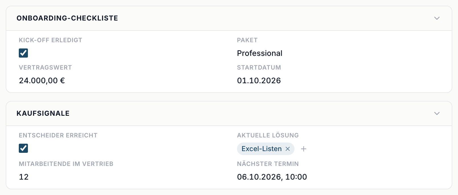 Lead-Detail mit den Sections Onboarding-Checkliste und Kaufsignale