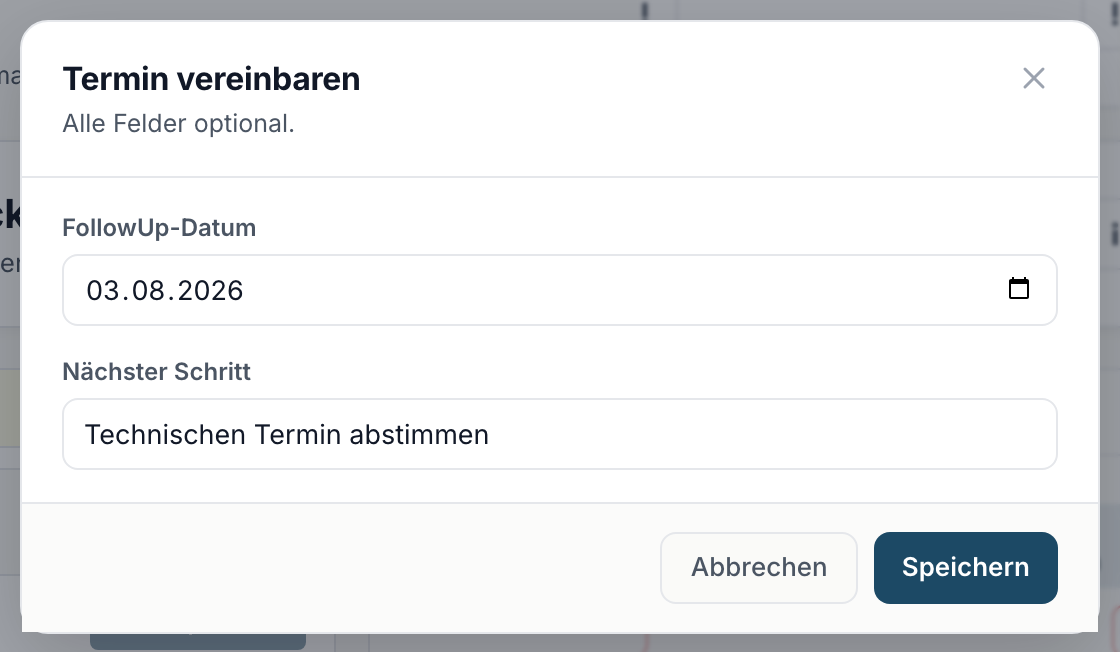 Der Dialog beim Wechsel auf Termin vereinbaren