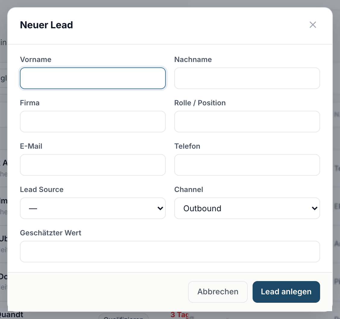 Das Formular Neuer Lead
