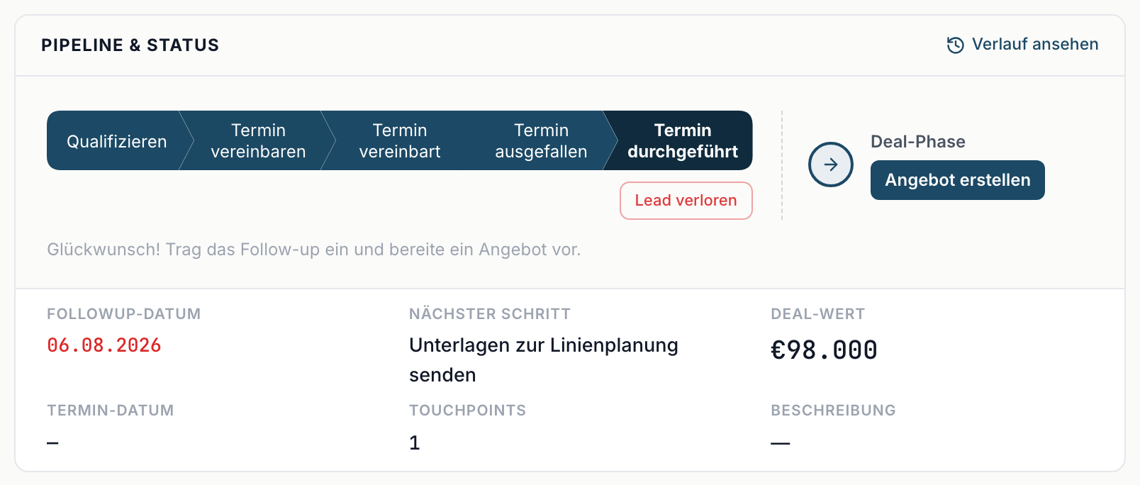 Der Abschnitt Deal-Phase mit dem Knopf Angebot erstellen