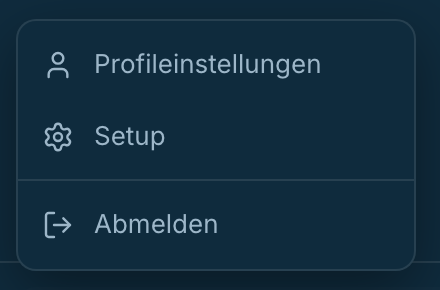 Das Menü hinter dem Firmennamen mit Profileinstellungen, Setup und Abmelden