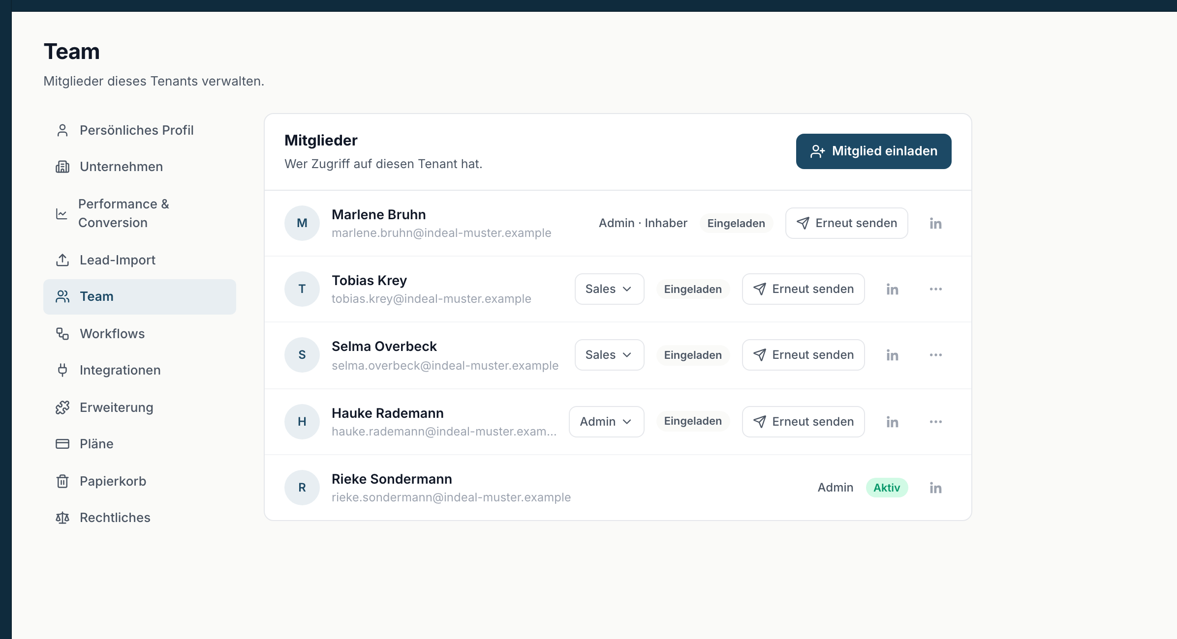 Die Mitgliederliste mit Rolle und Status
