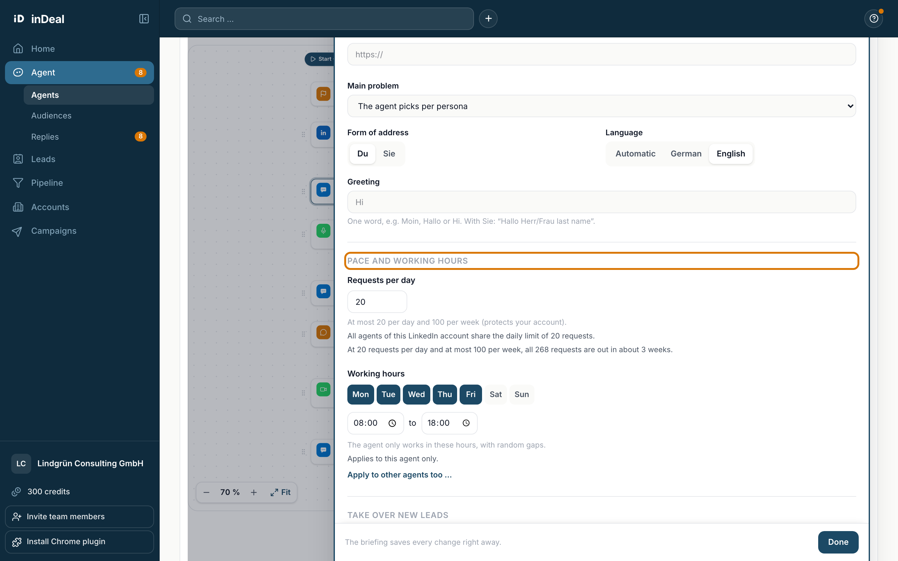 Pace and working hours in the settings
