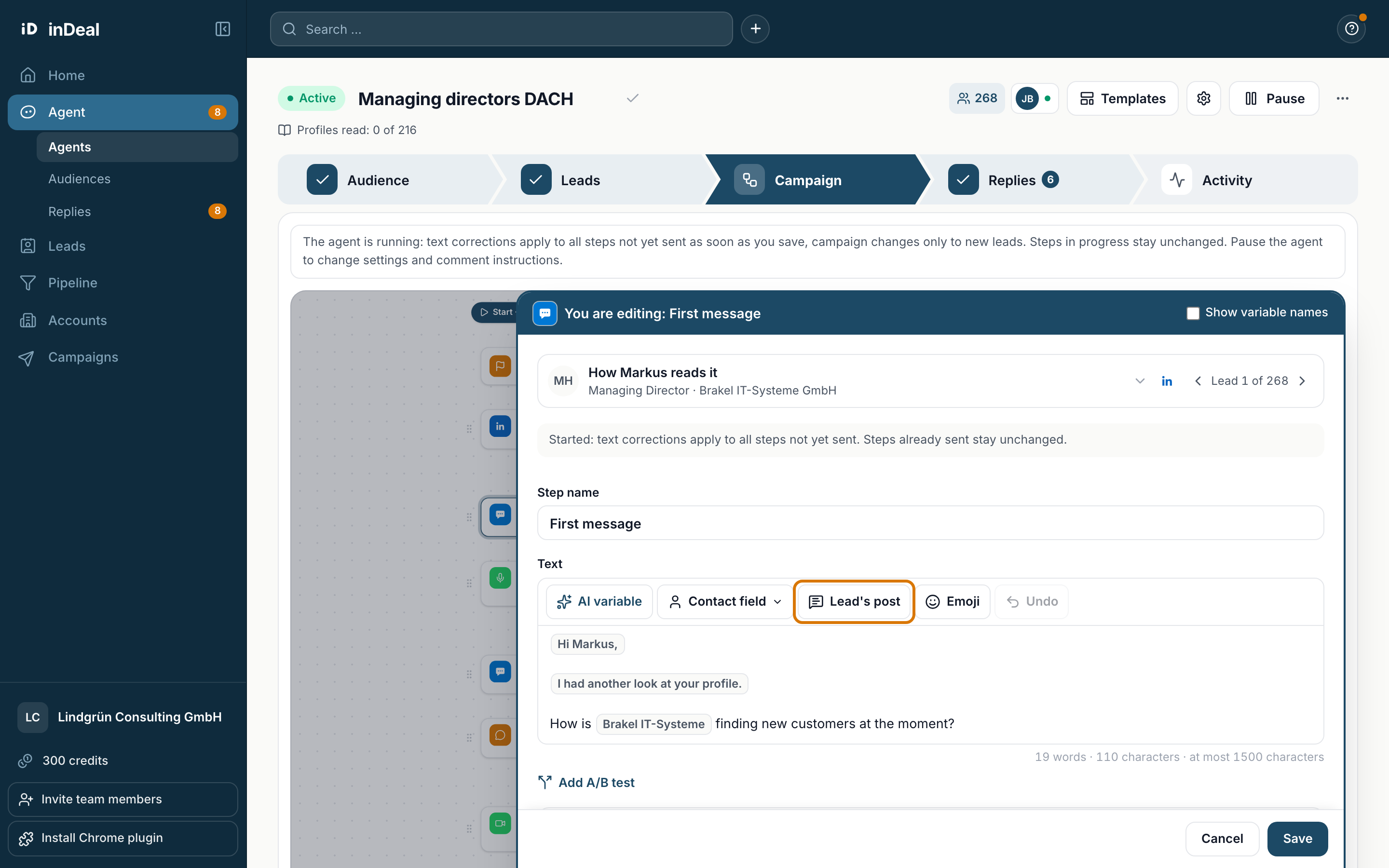 The editor with the AI variable, Contact field and Lead's post buttons
