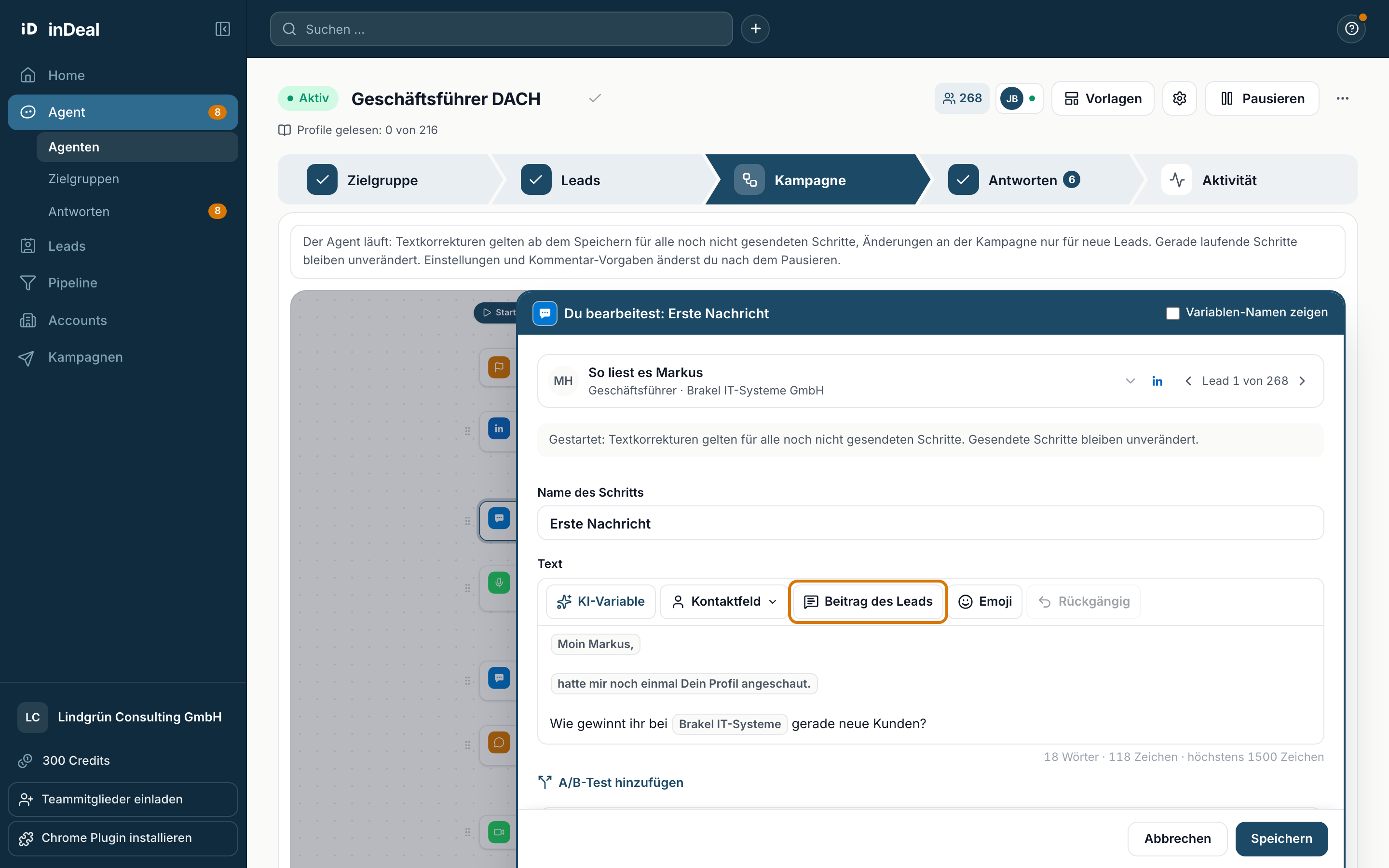 Der Editor mit den Knöpfen KI-Variable, Kontaktfeld und Beitrag des Leads
