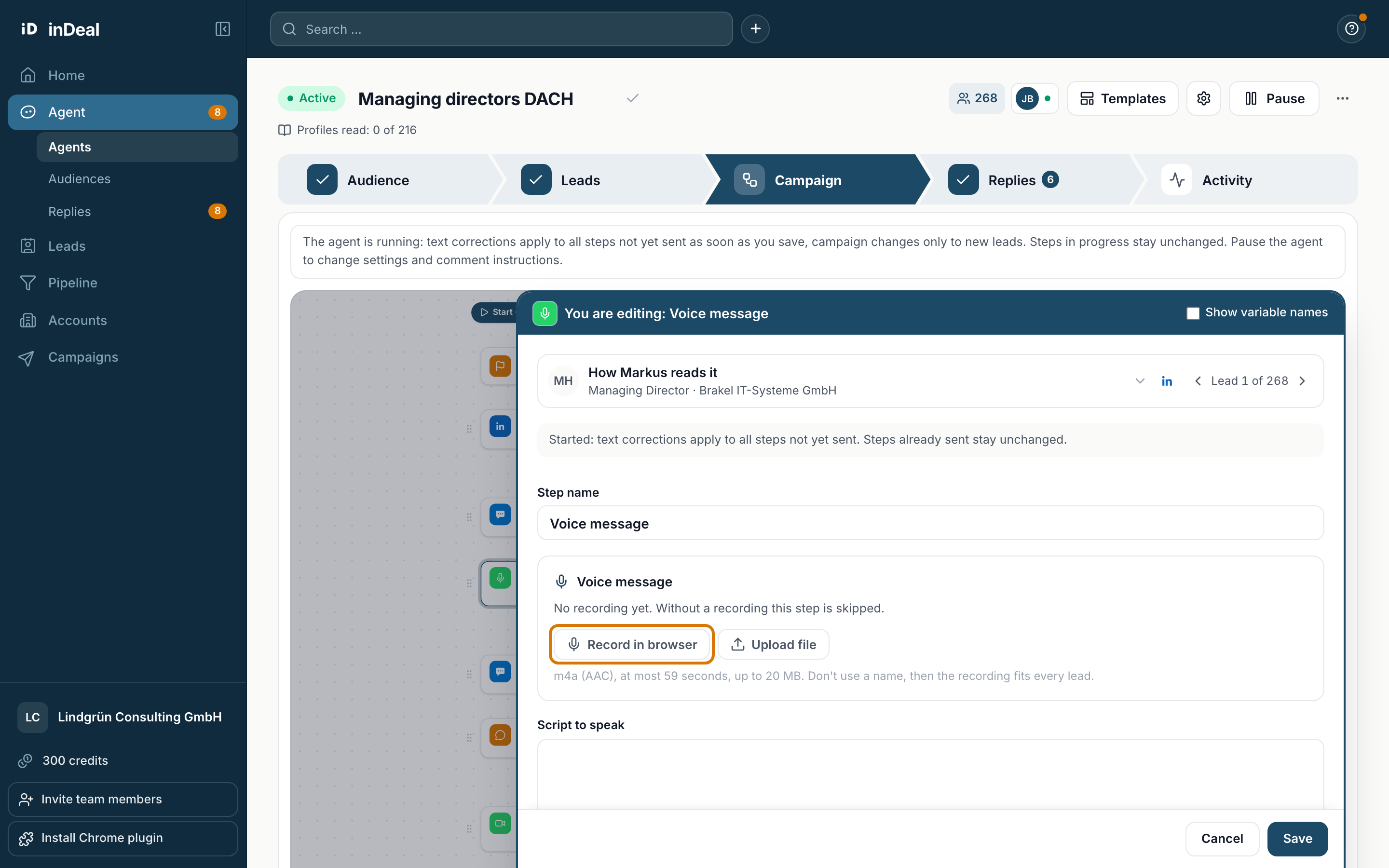 The voice message editor with Record in browser and Upload file