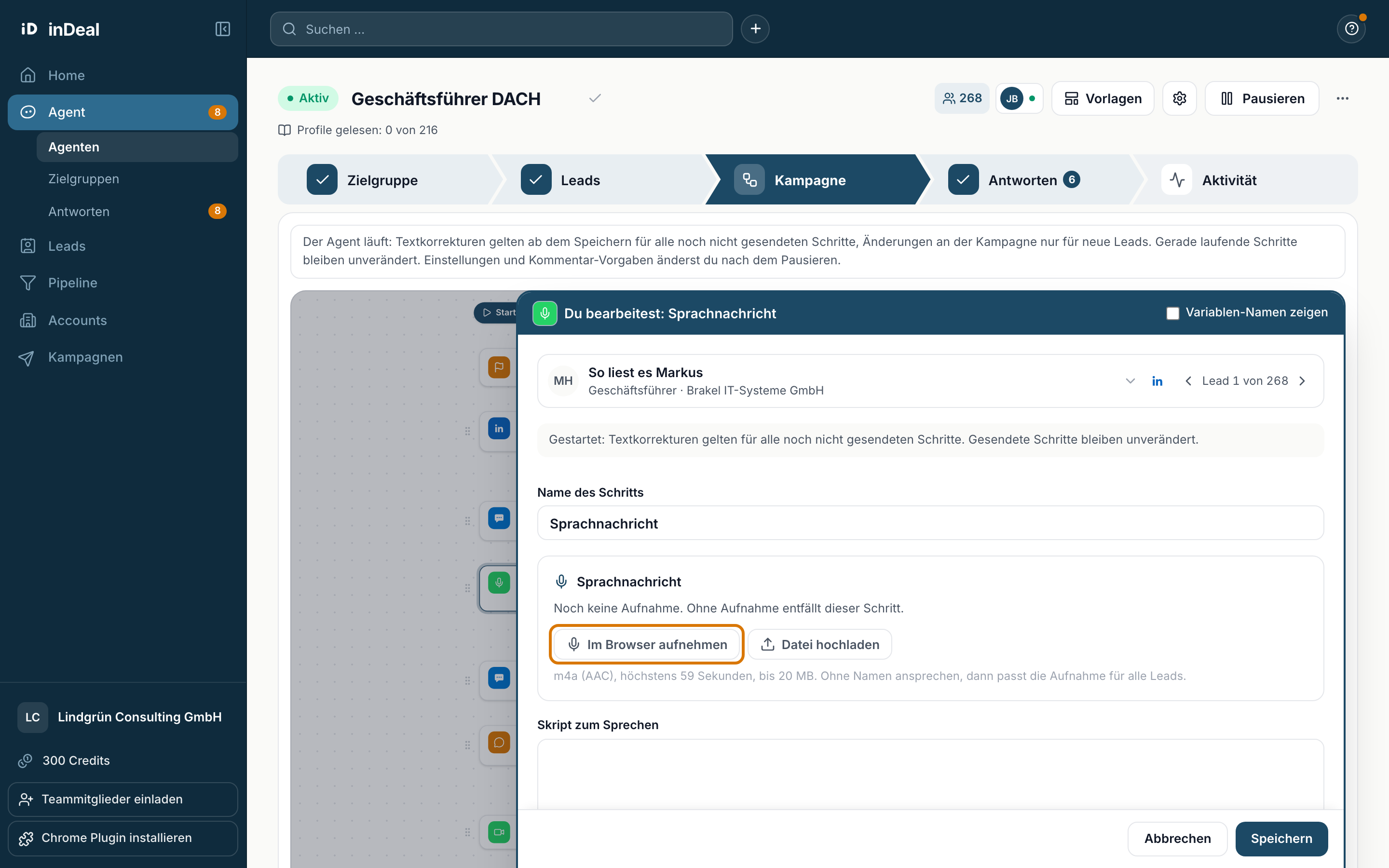 Der Editor der Sprachnachricht mit Im Browser aufnehmen und Datei hochladen