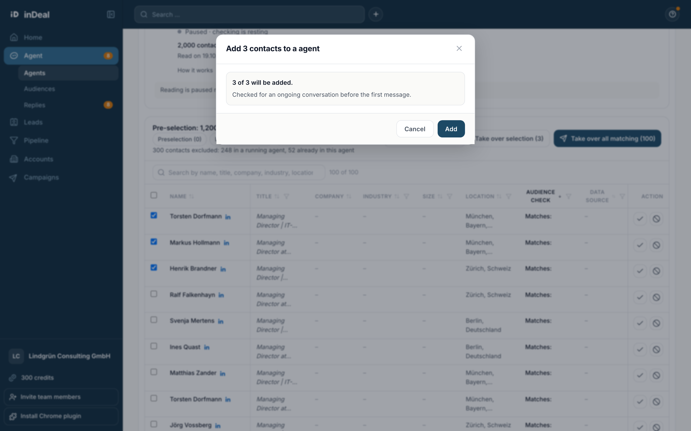 The dialog for taking over contacts
