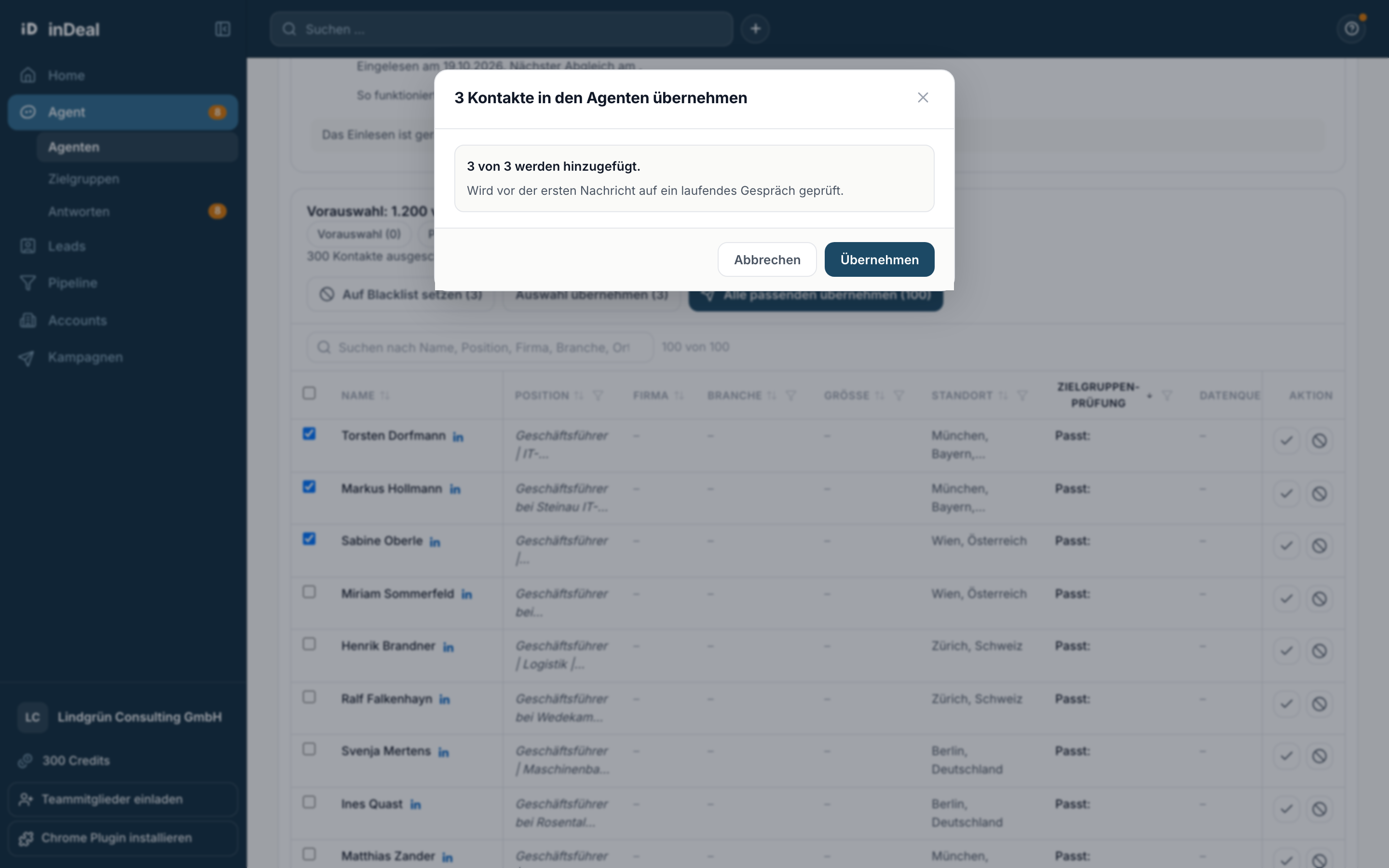 Der Dialog zum Übernehmen der Kontakte