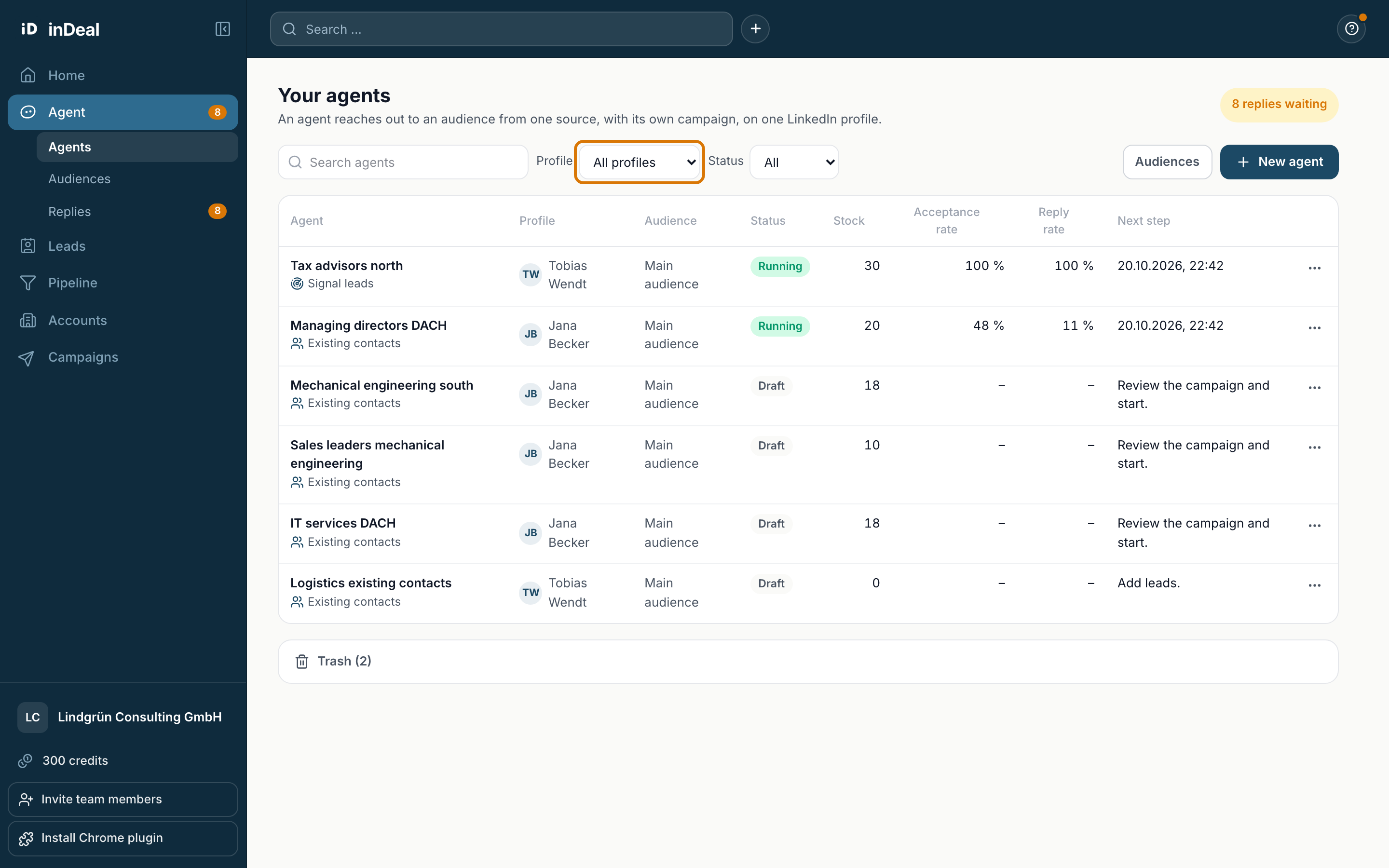 The overview with agents on two profiles and the Profile filter