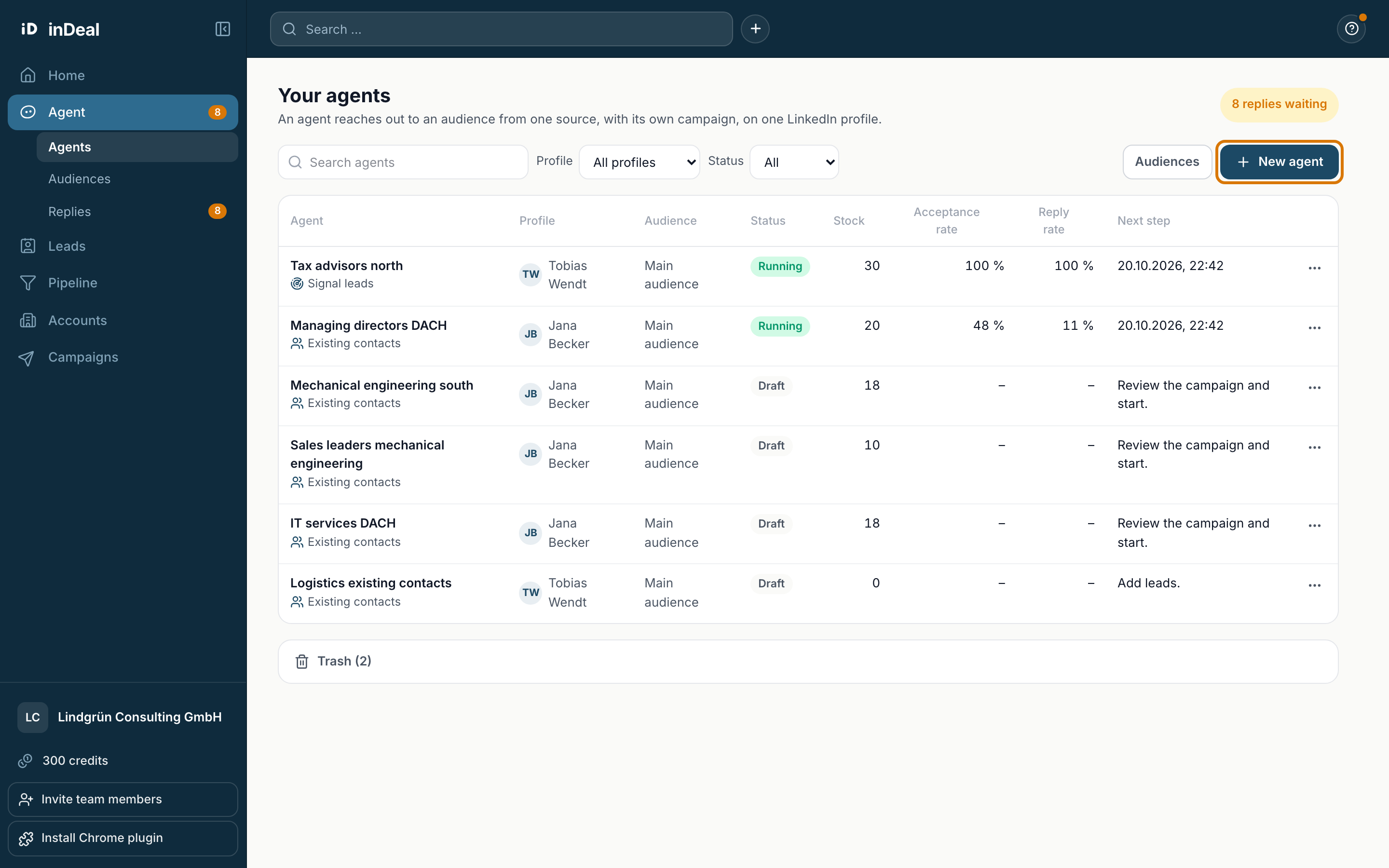 The Your agents overview with the New agent button